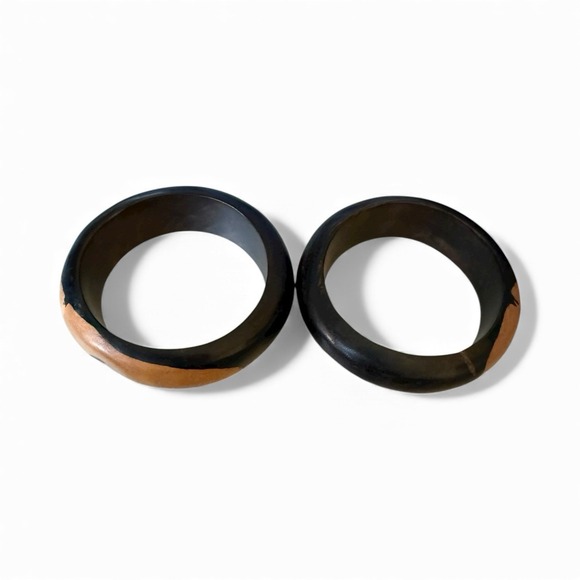 Set Of 2 Ebony Black Wood Bangle Bracelets 2-Tone Inlaid Boho Handmade 0.5"x6" - Picture 4 of 9